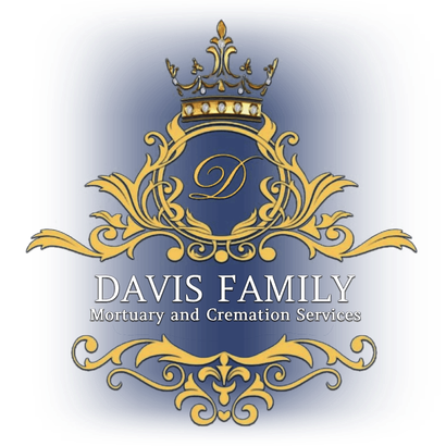 Davis Family Mortuary and Cremation Services logo in gold and white with ornate crown and monogram on blue background
