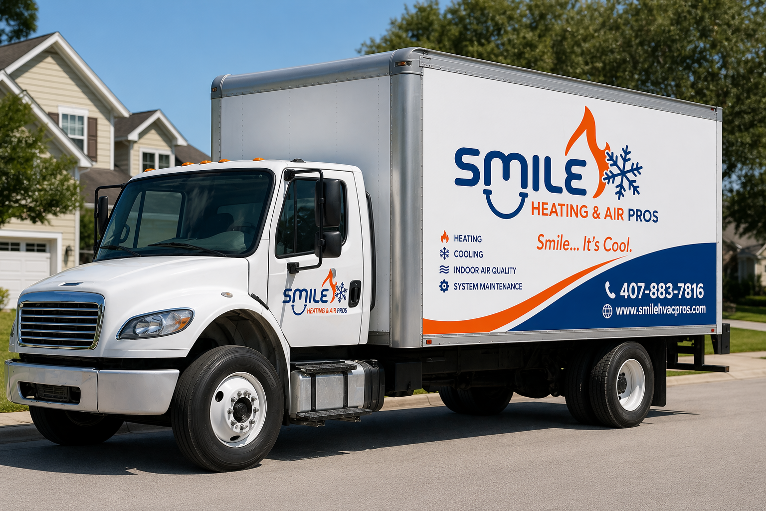 White SMILE Health and Pigs delivery truck parked in a suburban neighborhood.