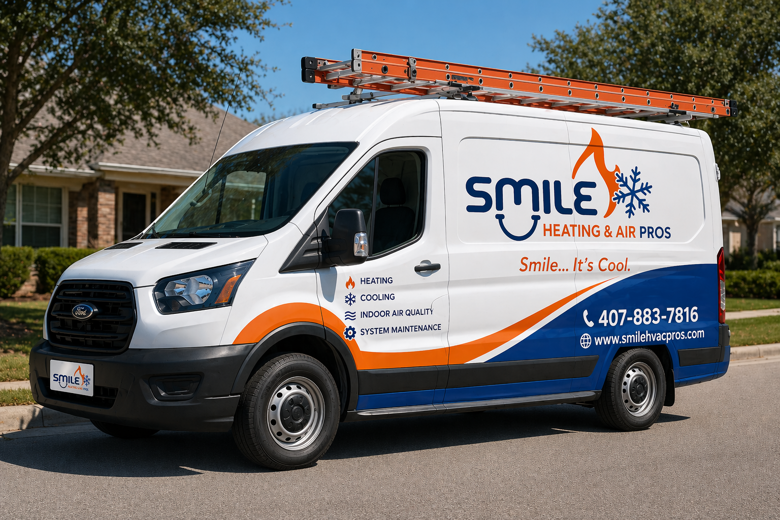 White SMILE Heating & Air Pros service van with orange and blue accents parked on a street.