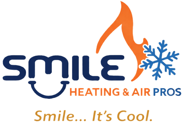Smile Heating & Air Pros logo with orange flame, blue snowflake, and tagline “Smile... It’s Cool.”