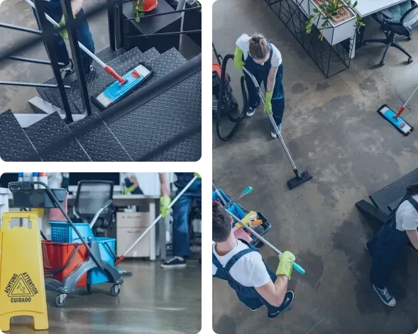 depiction of cleaning, supplies, and floor scrubbing