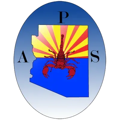 A blue circle with a map of arizona and a scorpion on it