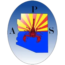 A blue circle with a map of arizona and a scorpion on it
