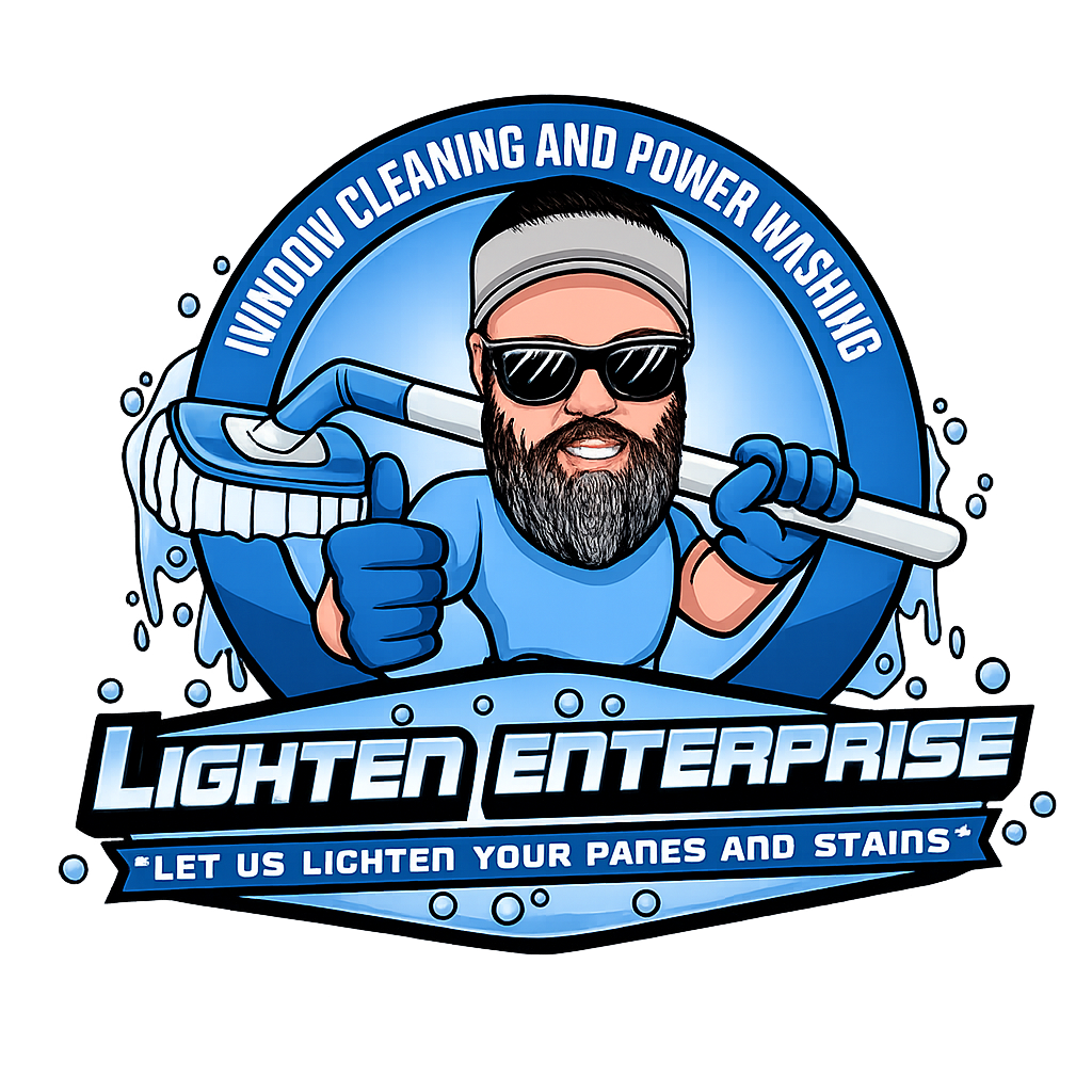 Logo for Lighten Enterprise: bearded window cleaner with squeegee, blue shield, and “Window Cleaning and Power Washing” text