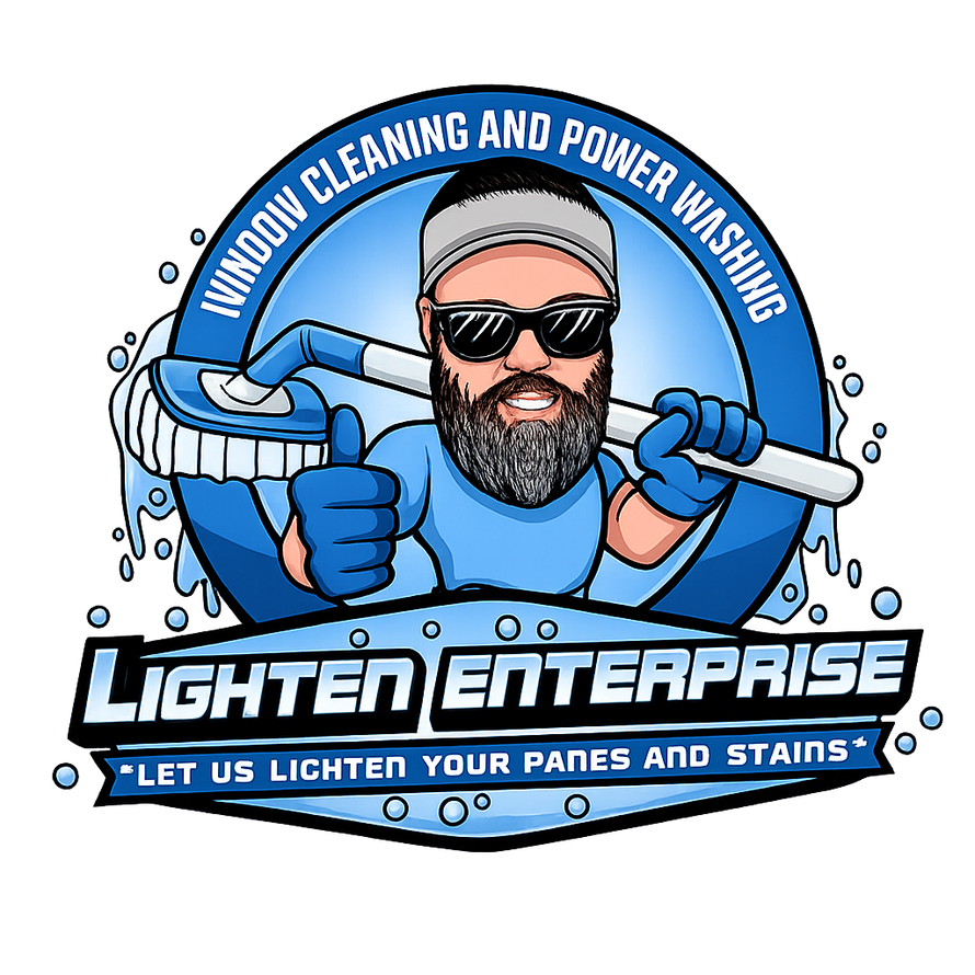 Logo for Lighten Enterprise: cartoon window cleaner in blue, wearing sunglasses and holding a squeegee.