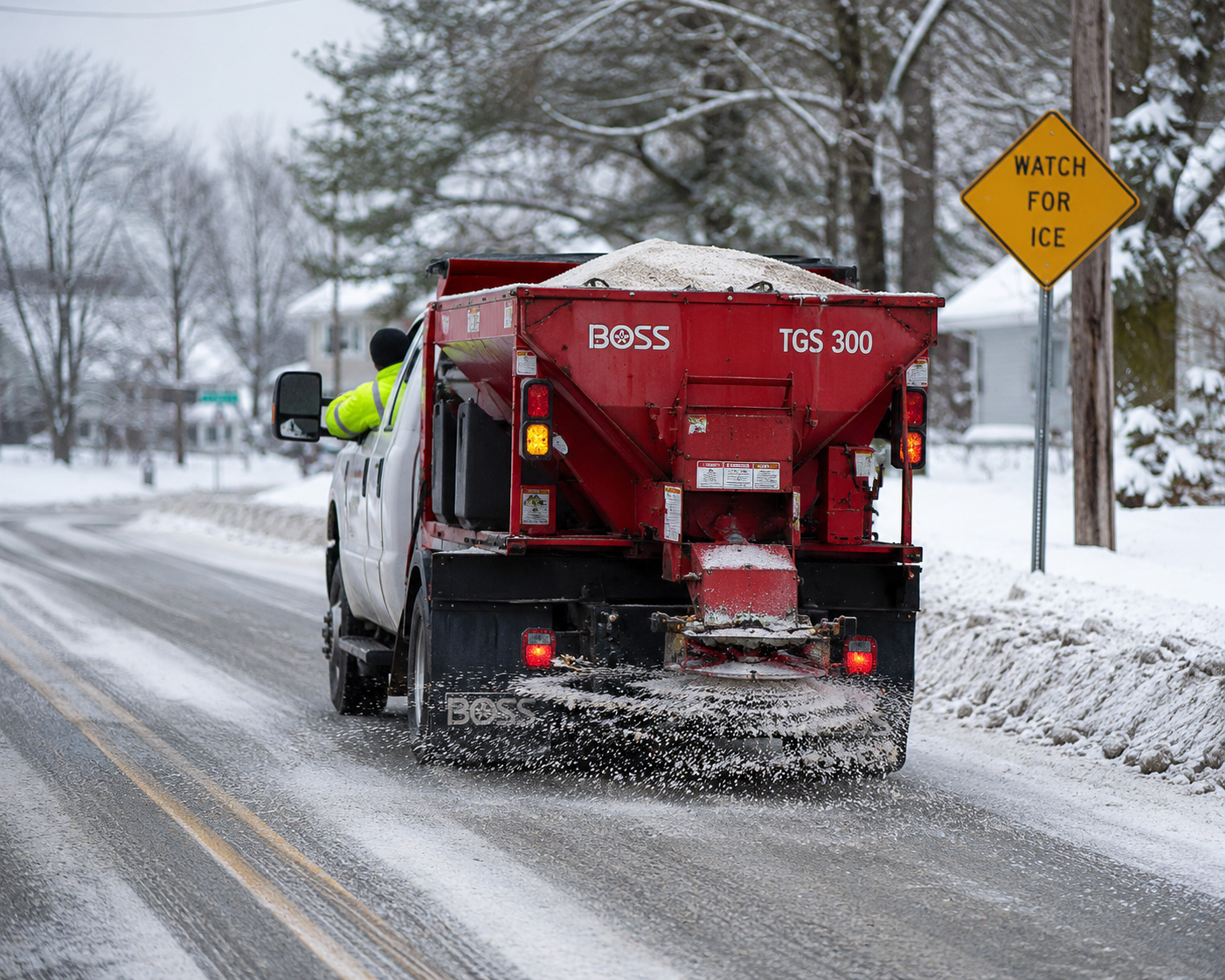 Red snowplow spreading salt on a snowy road near a yellow “Watch for Ice” sign