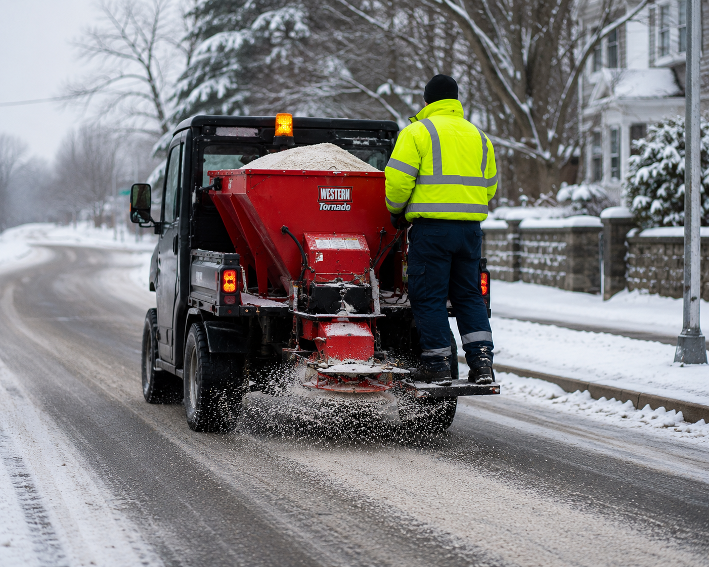 Worker spreading salt from a red truck on a snowy residential street