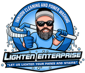 Cartoon logo of a window cleaner holding a pressure washer, with “Lighten Enterprise” and blue water spray.