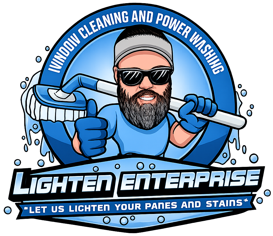 Cartoon logo of a window cleaner holding a pressure washer, with “Lighten Enterprise” and blue water spray.