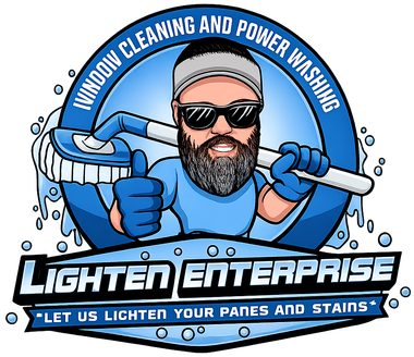 Cartoon logo of a window cleaner holding a pressure washer, with “Lighten Enterprise” and blue water spray.