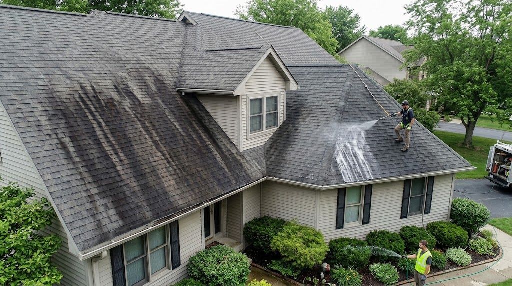 Aerial view of a house with dark roof streaks, a dormer window, and landscaped shrubs below.