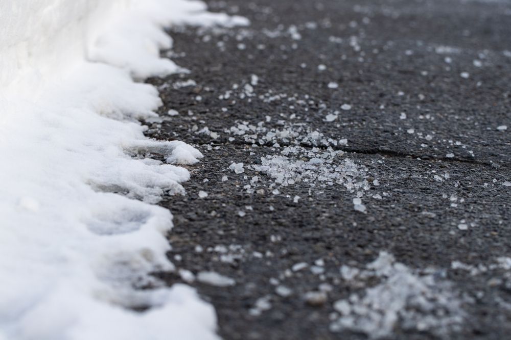 Snow and salt scattered along the edge of a dark, wet road surface