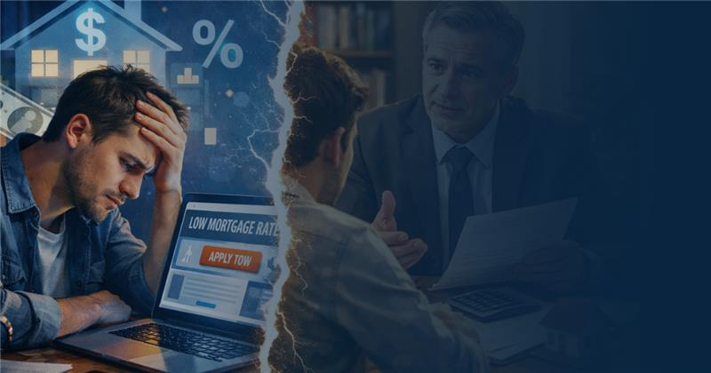 A split-screen image shows a stressed person looking at a laptop mortgage application, contrasted with a formal meeting.