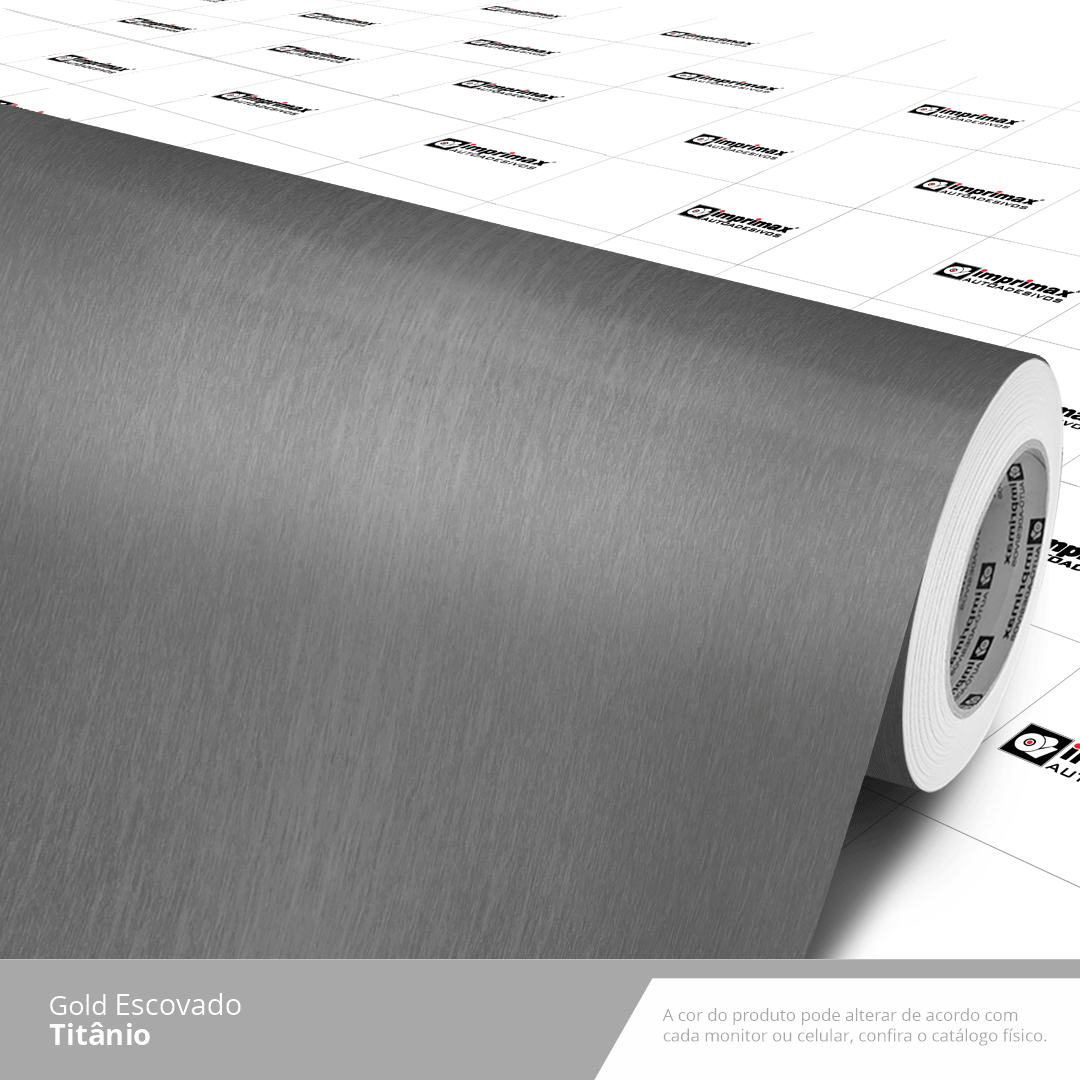 Um rolo de película adesiva de vinil metálica cinza com textura escovada e verso branco com padrão quadriculado.