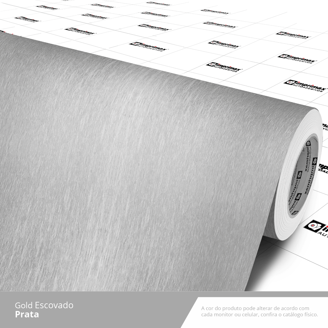 Um rolo de vinil adesivo prateado com efeito metalizado escovado e um padrão quadriculado no papel de suporte.