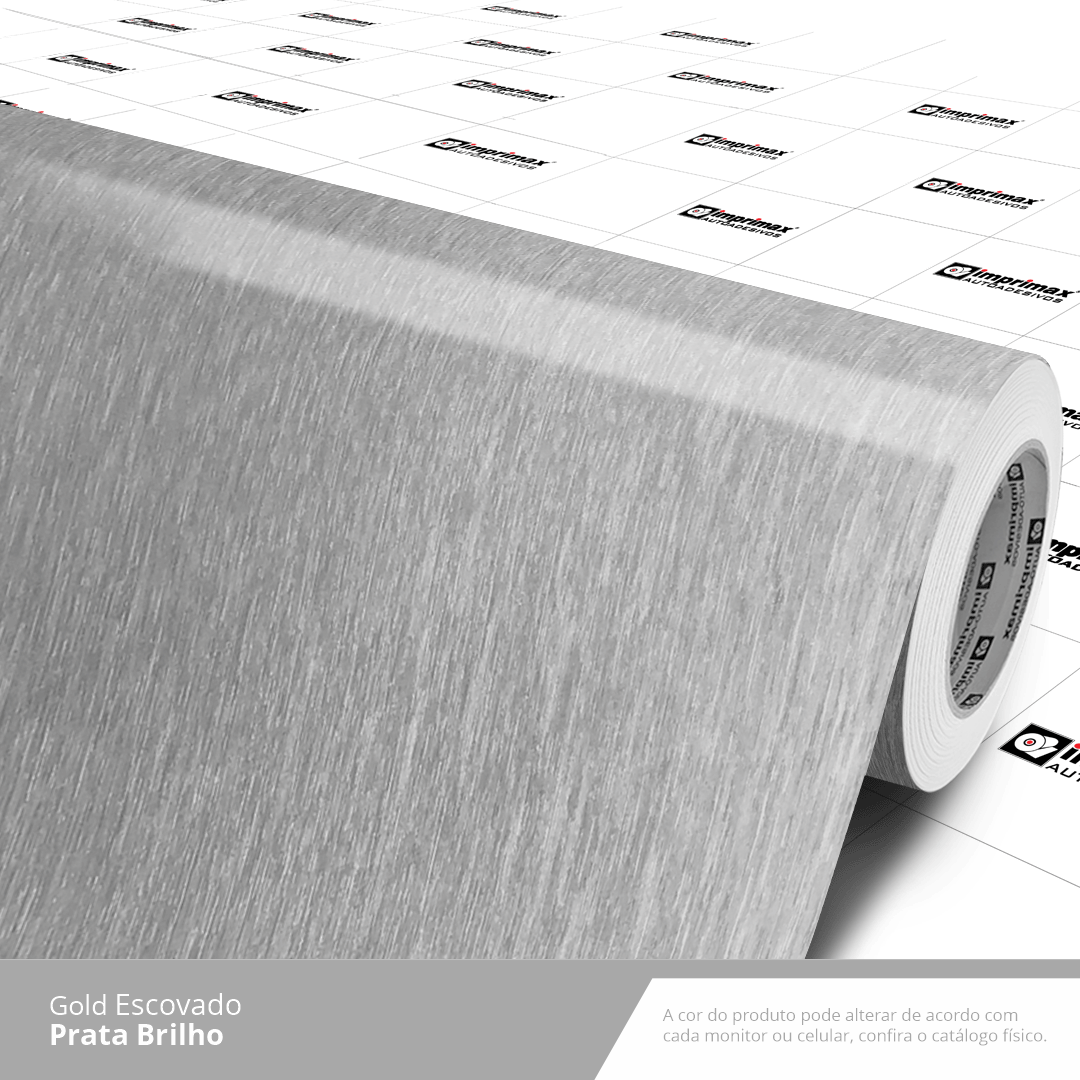 Um rolo de papel adesivo de contato prateado metálico escovado com verso quadriculado.
