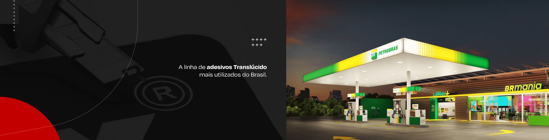 Tela dividida mostrando um gráfico escuro com o logotipo da Reliance à esquerda e uma bomba de gasolina da Reliance bem iluminada à direita.
