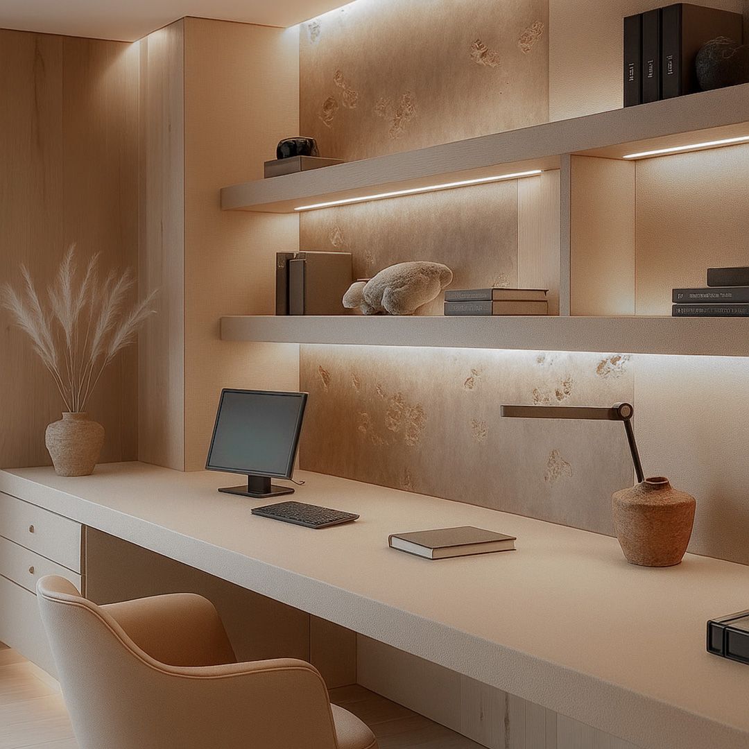 Um escritório minimalista em casa com uma mesa comprida, uma poltrona e prateleiras flutuantes iluminadas contra uma parede texturizada bege.