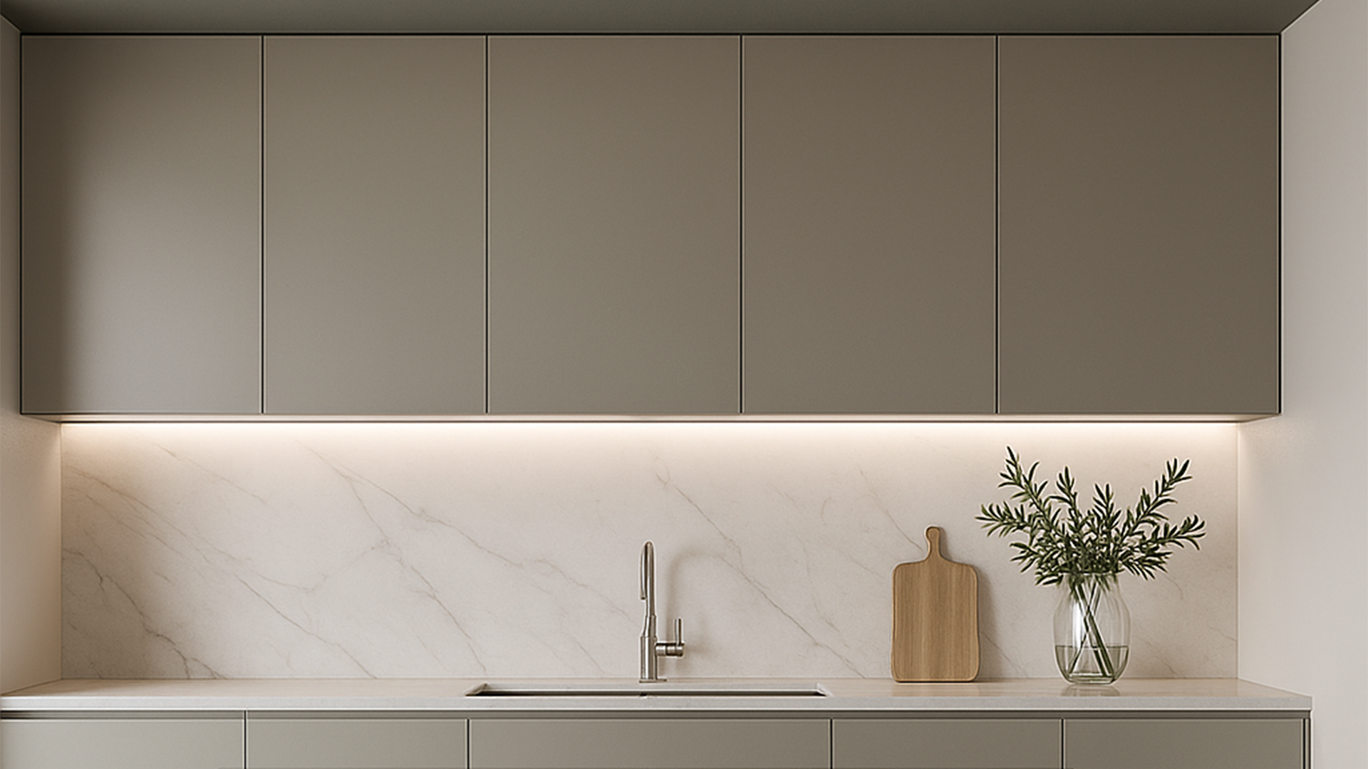 Cozinha minimalista com armários cinza, backsplash de mármore, iluminação sob os armários, pia e planta em vaso.