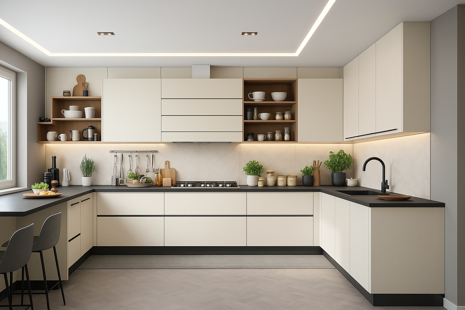 Uma cozinha moderna em formato de U com armários cor creme, bancadas escuras, prateleiras abertas e iluminação suave sob os armários.