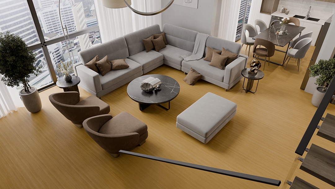 Vista de cima de uma sala de estar moderna de conceito aberto com um grande sofá modular cinza, duas poltronas marrons e uma área de jantar.