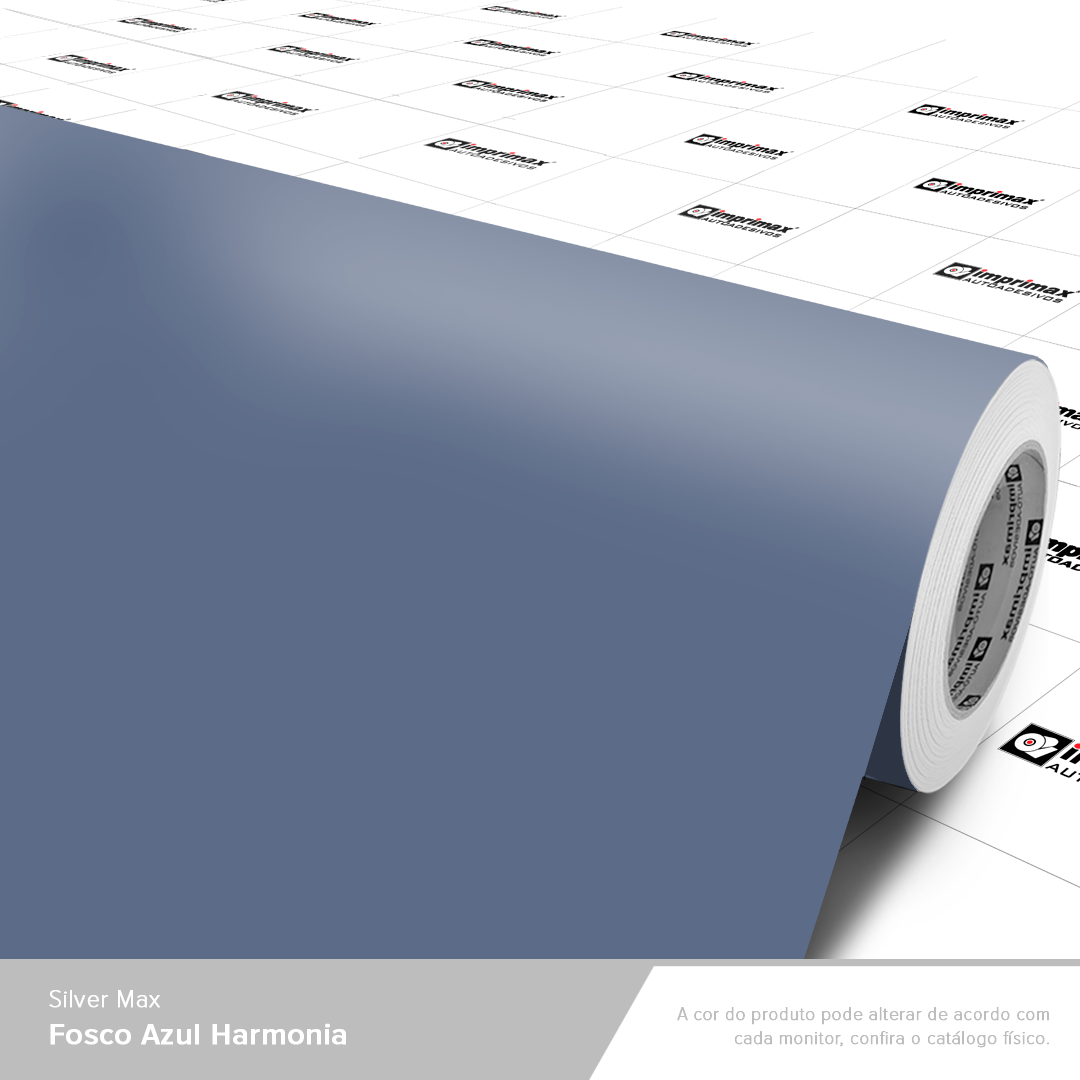 Um rolo de película vinílica autoadesiva azul-acinzentada com acabamento fosco e verso em papel quadriculado com a marca.