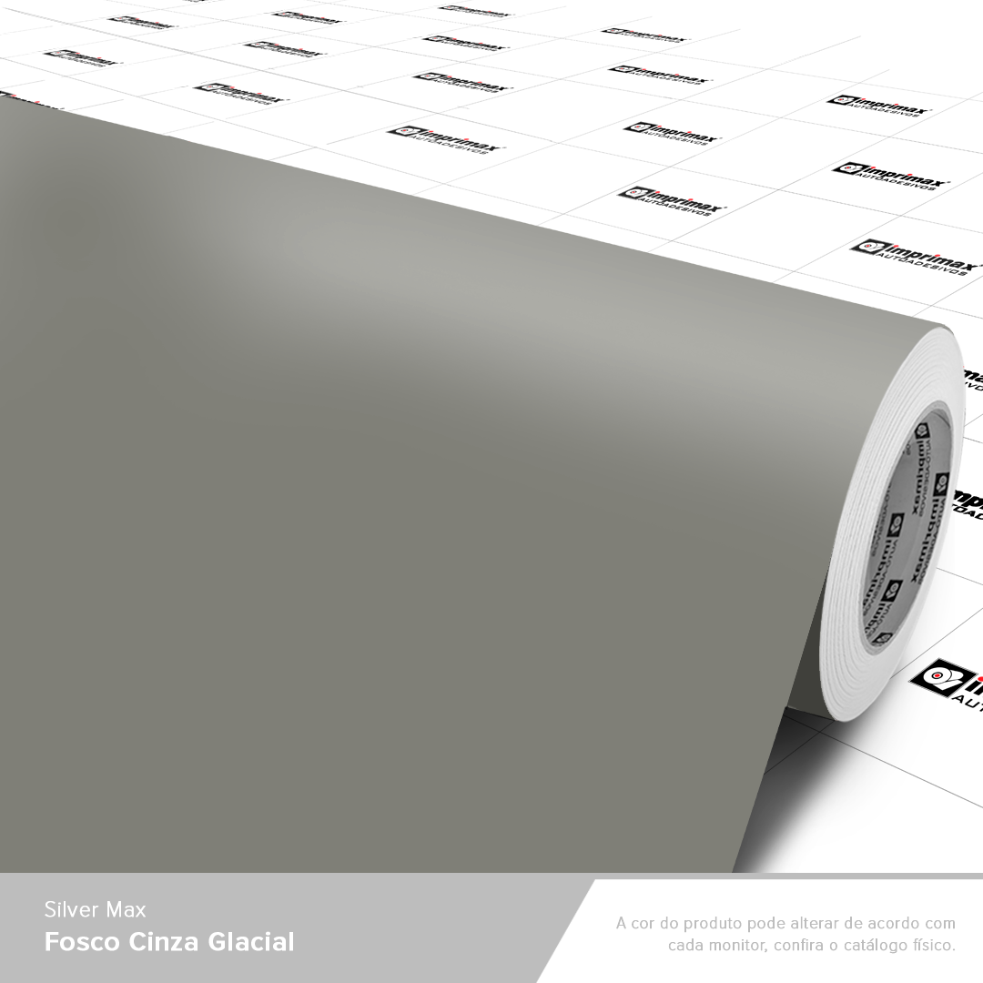 Um rolo de papel adesivo vinílico fosco cinza glacial exibido contra um fundo quadriculado.