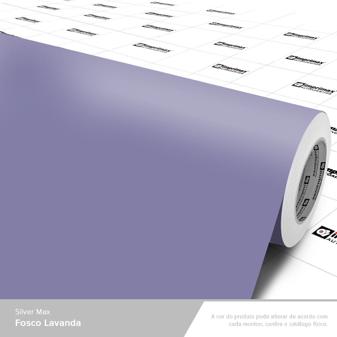 Um rolo de película adesiva de vinil fosco na cor lavanda, exibido sobre um papel de fundo branco com padrão quadriculado.