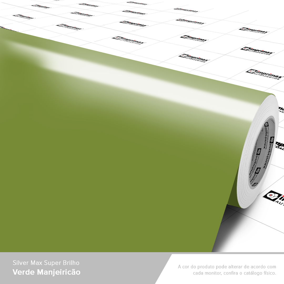 Um rolo de vinil adesivo verde-oliva brilhante sobre um fundo quadriculado branco.