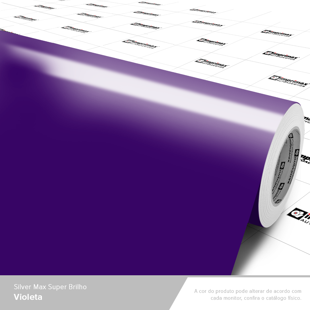 Um rolo de vinil adesivo brilhante roxo escuro, exibido contra um fundo branco com um padrão quadriculado cinza claro repetido.