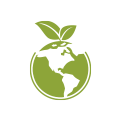 Um ícone estilizado da Terra em tons de verde, representando a América do Norte e do Sul, encimado por duas folhas, inserido em um semicírculo.