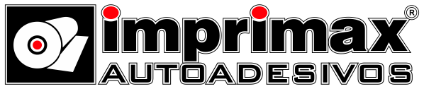 Logotipo da Imprimax Autoadesivos, apresentando um rolo de material adesivo e o nome da empresa em texto preto sobre fundo branco.