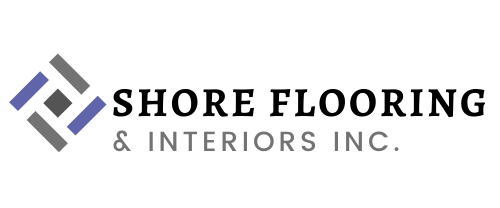 Logo for Shore Flooring & Interiors Inc., with geometric icon, black text, and gray and blue accents.