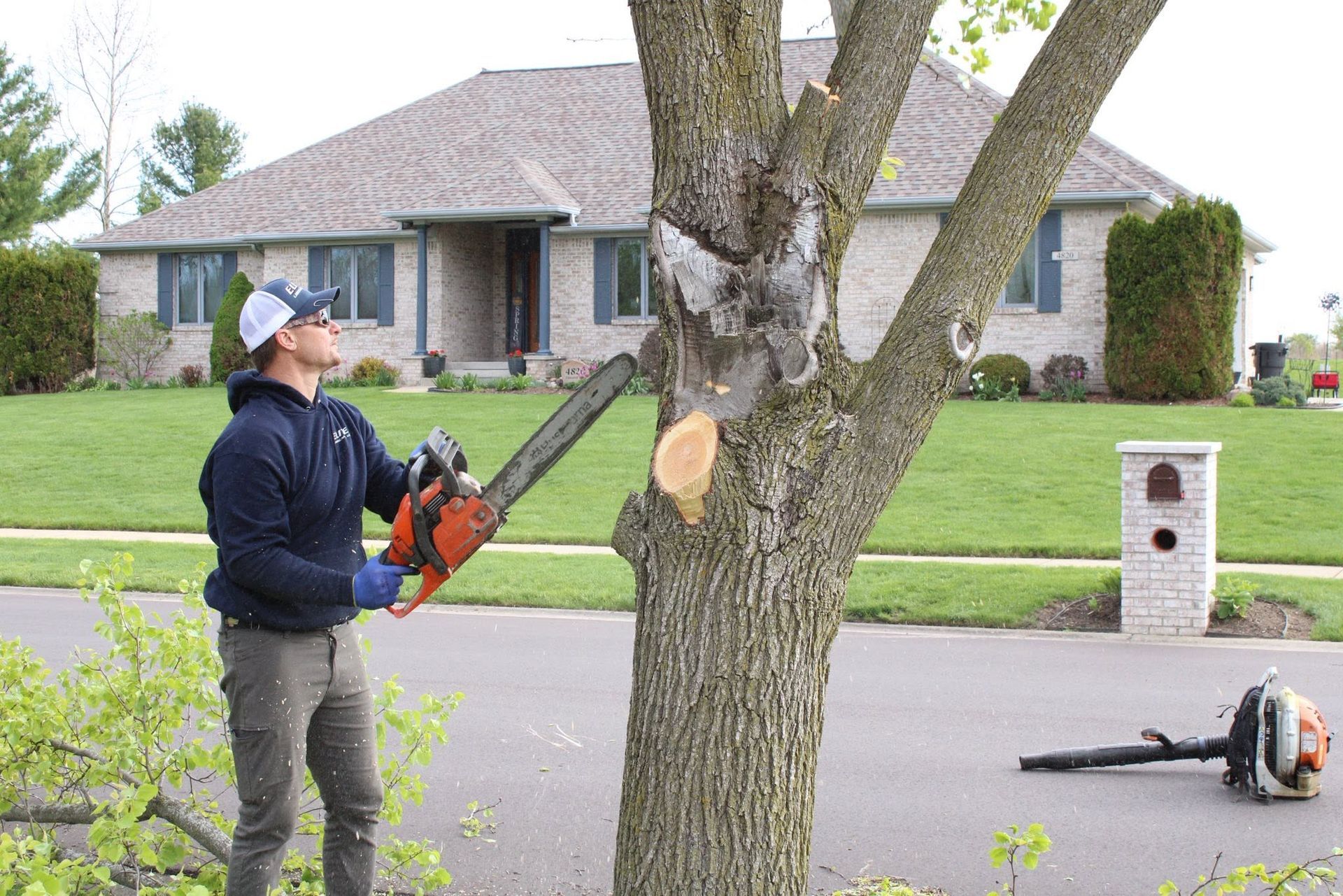 Person using a chainsaw to trim a tree in front of a suburban house; another tool rests on the ground.