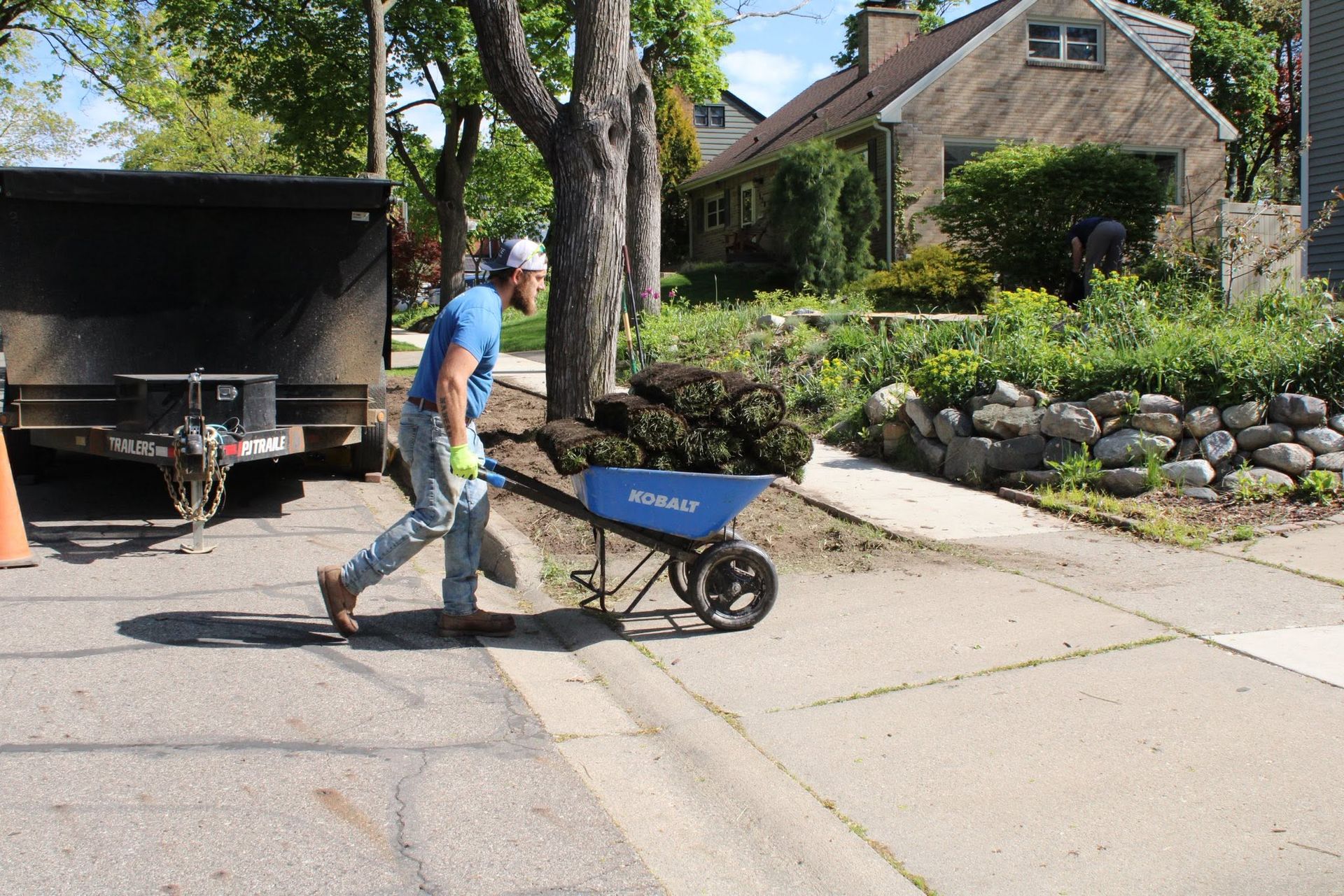 Person pushing a blue wheelbarrow on a sunny residential street beside a house and tree