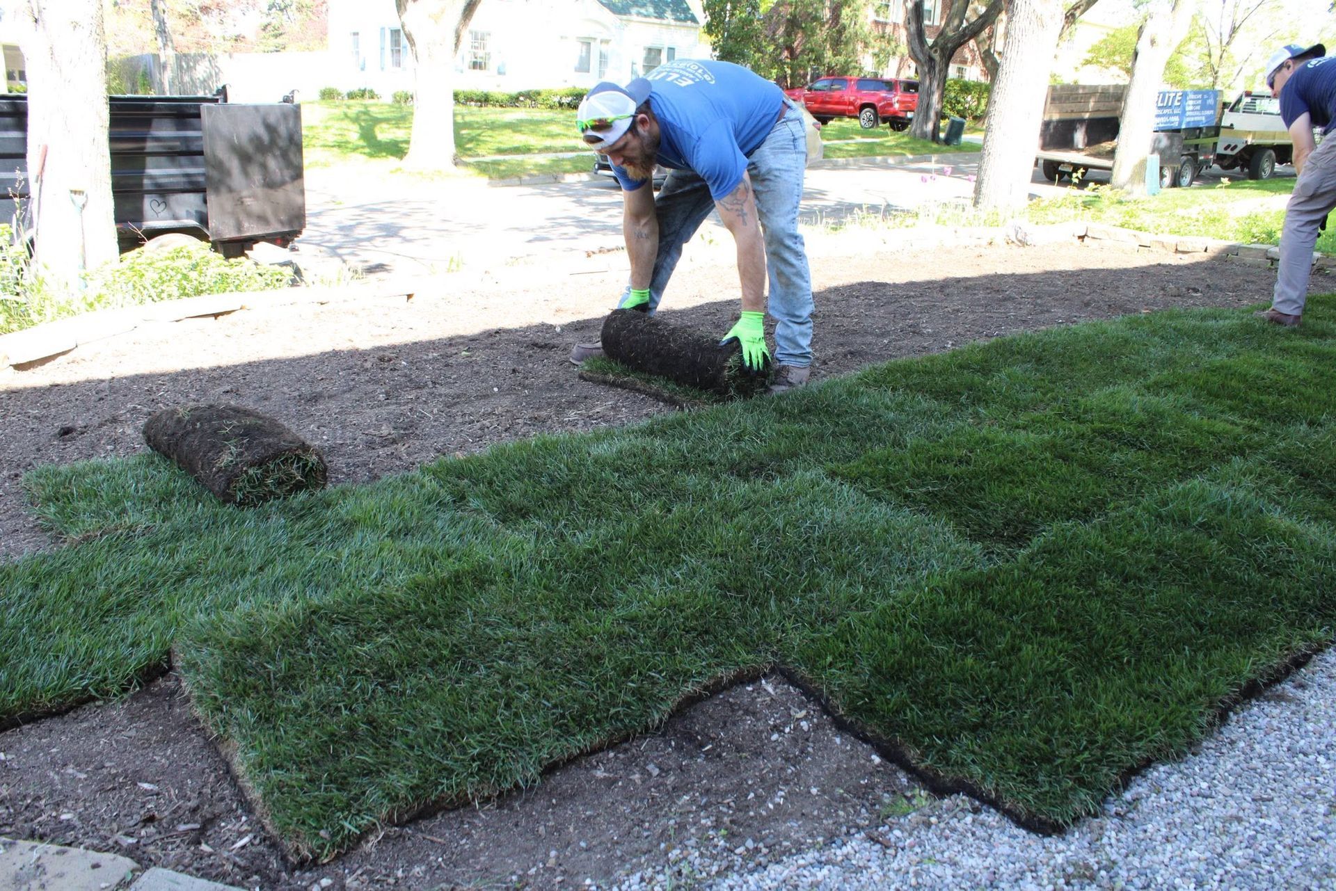 Worker laying sod in a park beside a path and trees