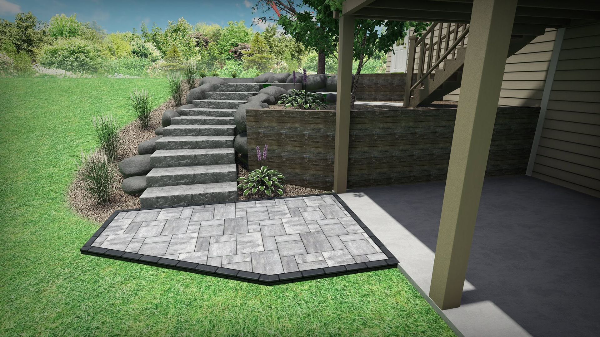 Stone steps and retaining wall beside a grassy yard, leading up to a patio under a covered porch.