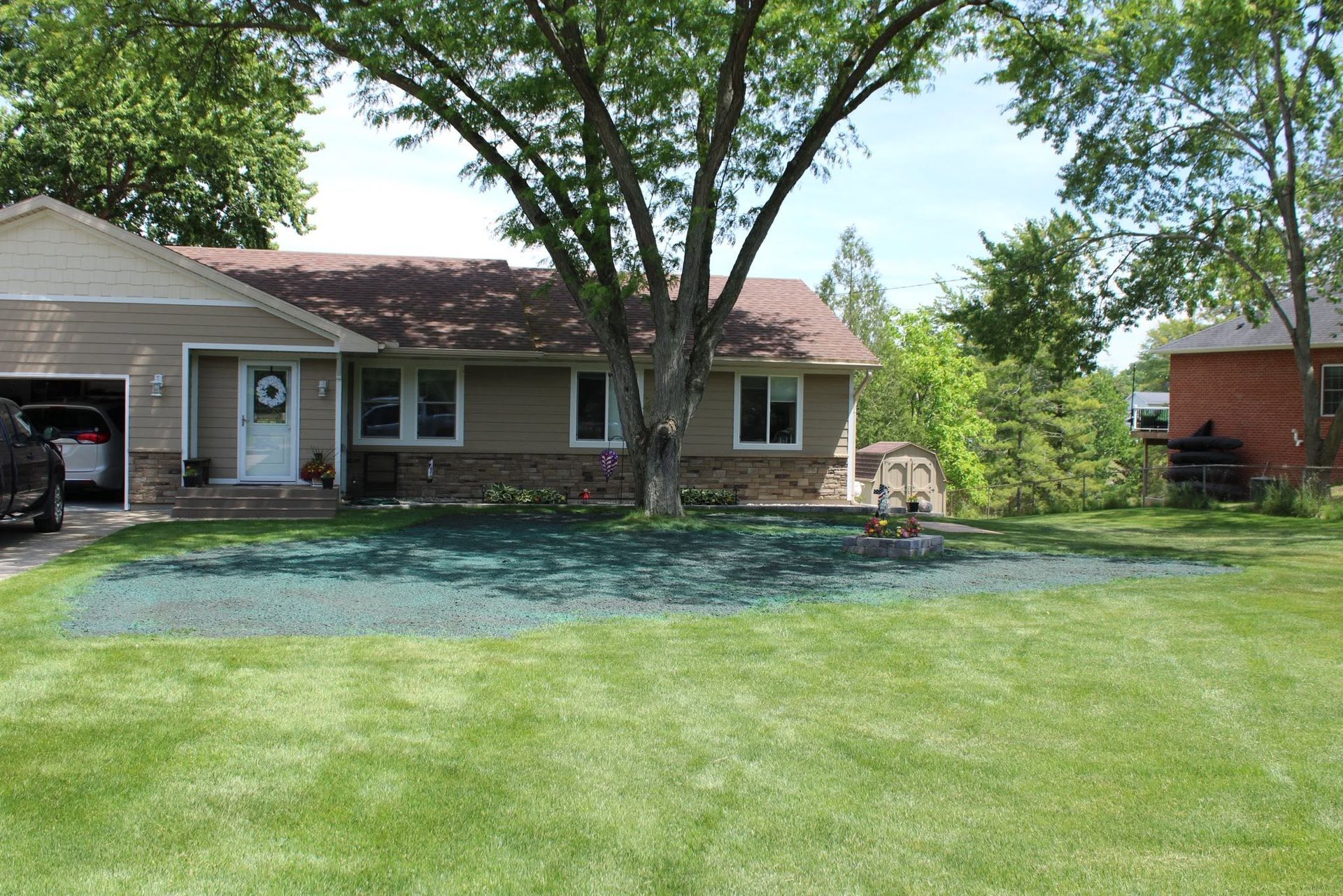 Suburban house with a large tree in front and a green lawn on a sunny day