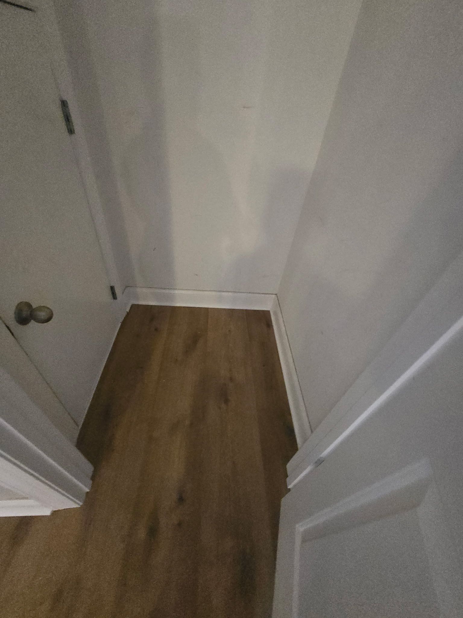 Narrow hallway with wood-look flooring, white walls, and doors on either side.