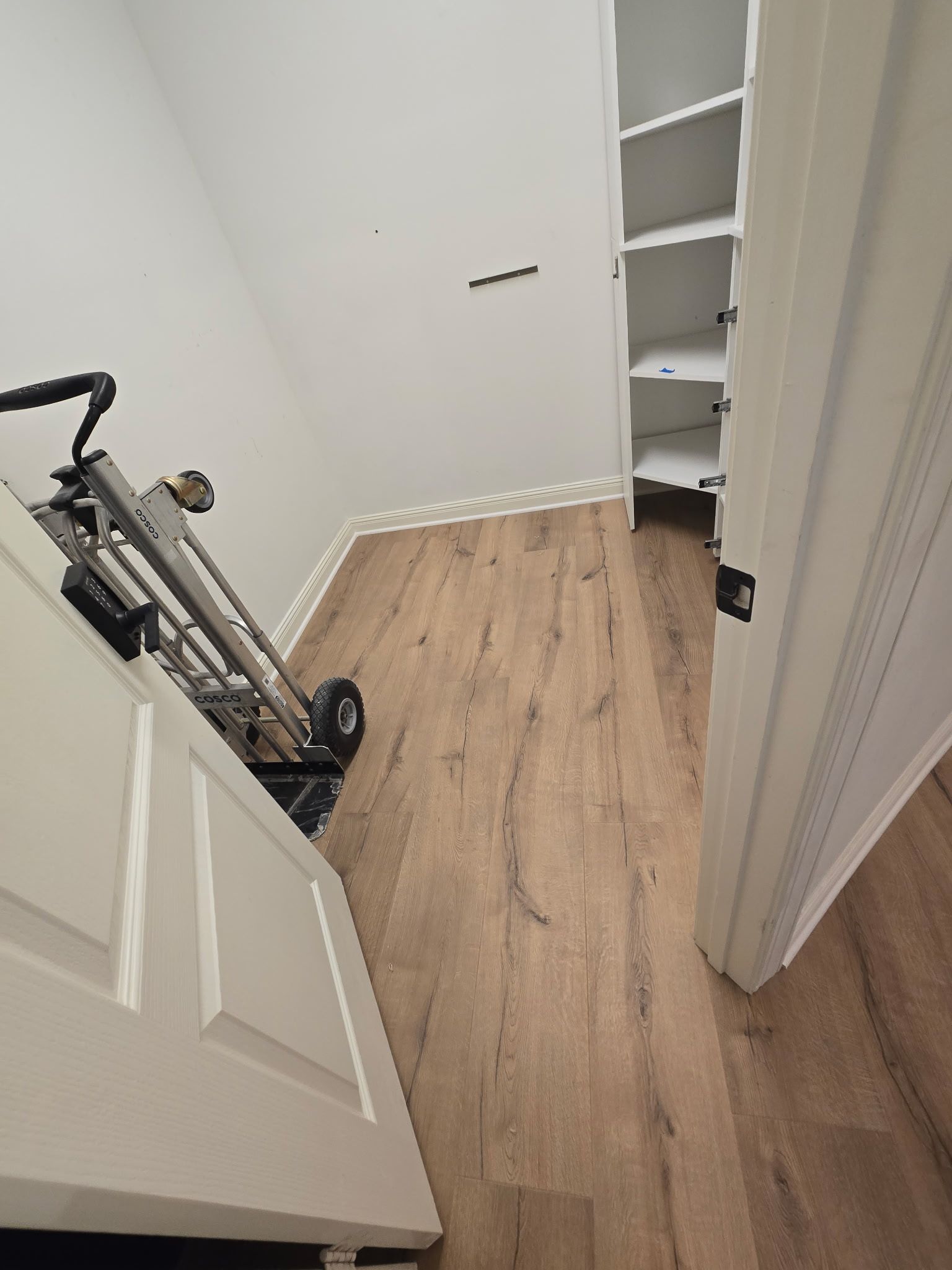Hand truck in a closet with shelves and wood-look flooring. A door is open.