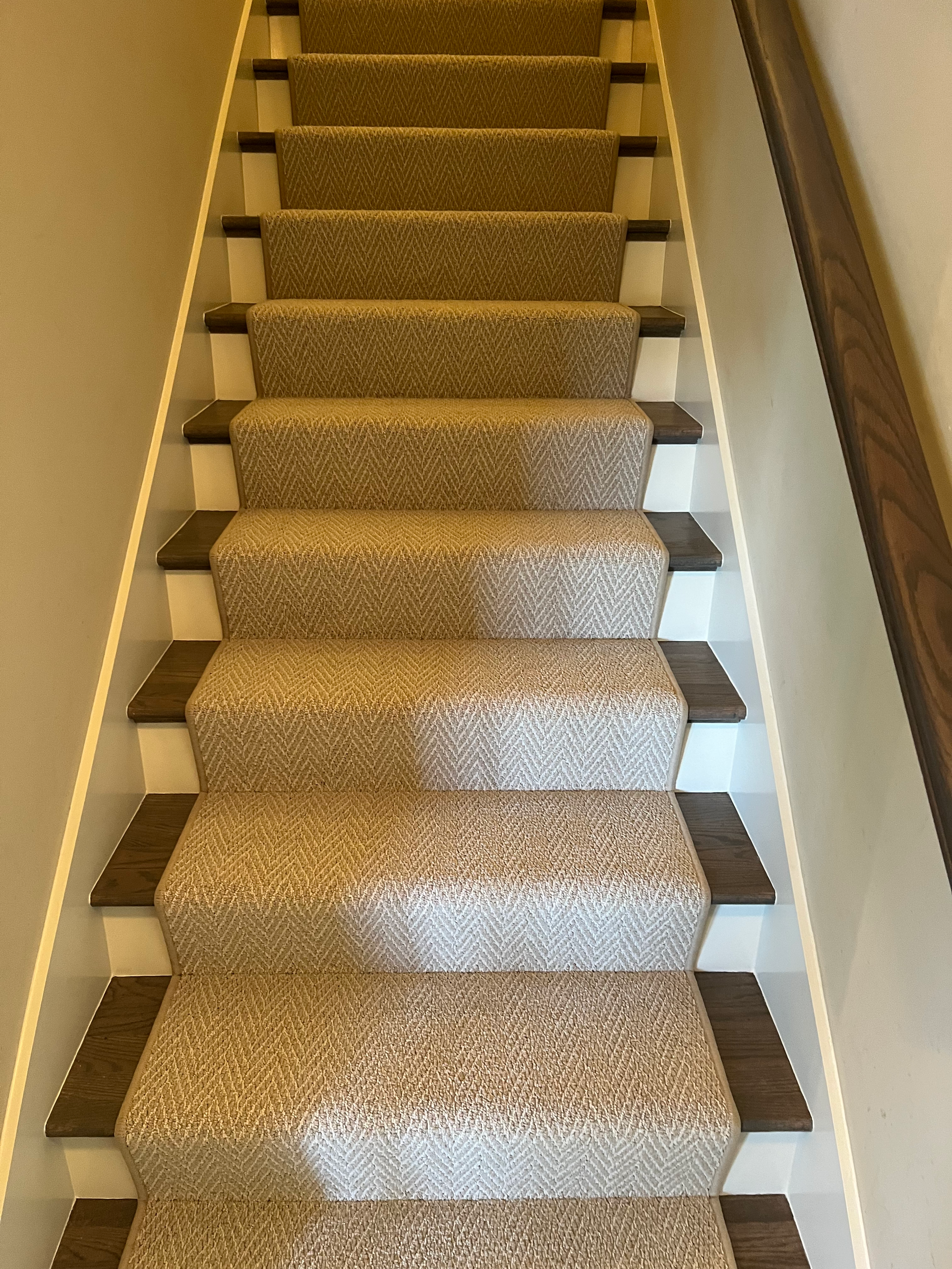 Staircase with light brown carpet and dark wood trim, ascending. White walls and a wood handrail.