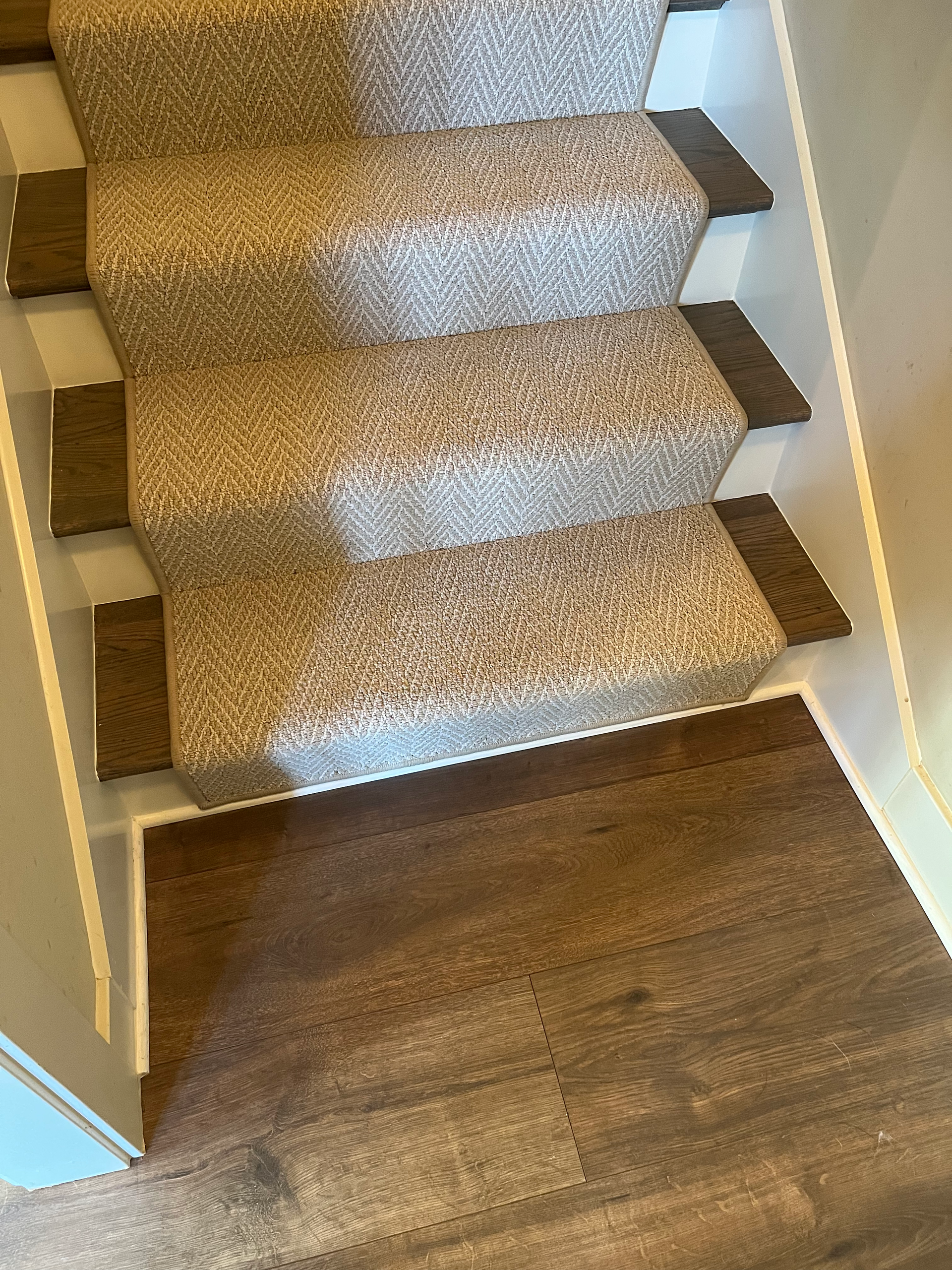 Carpeted stairs with dark wood accents, leading down to a wooden floor.