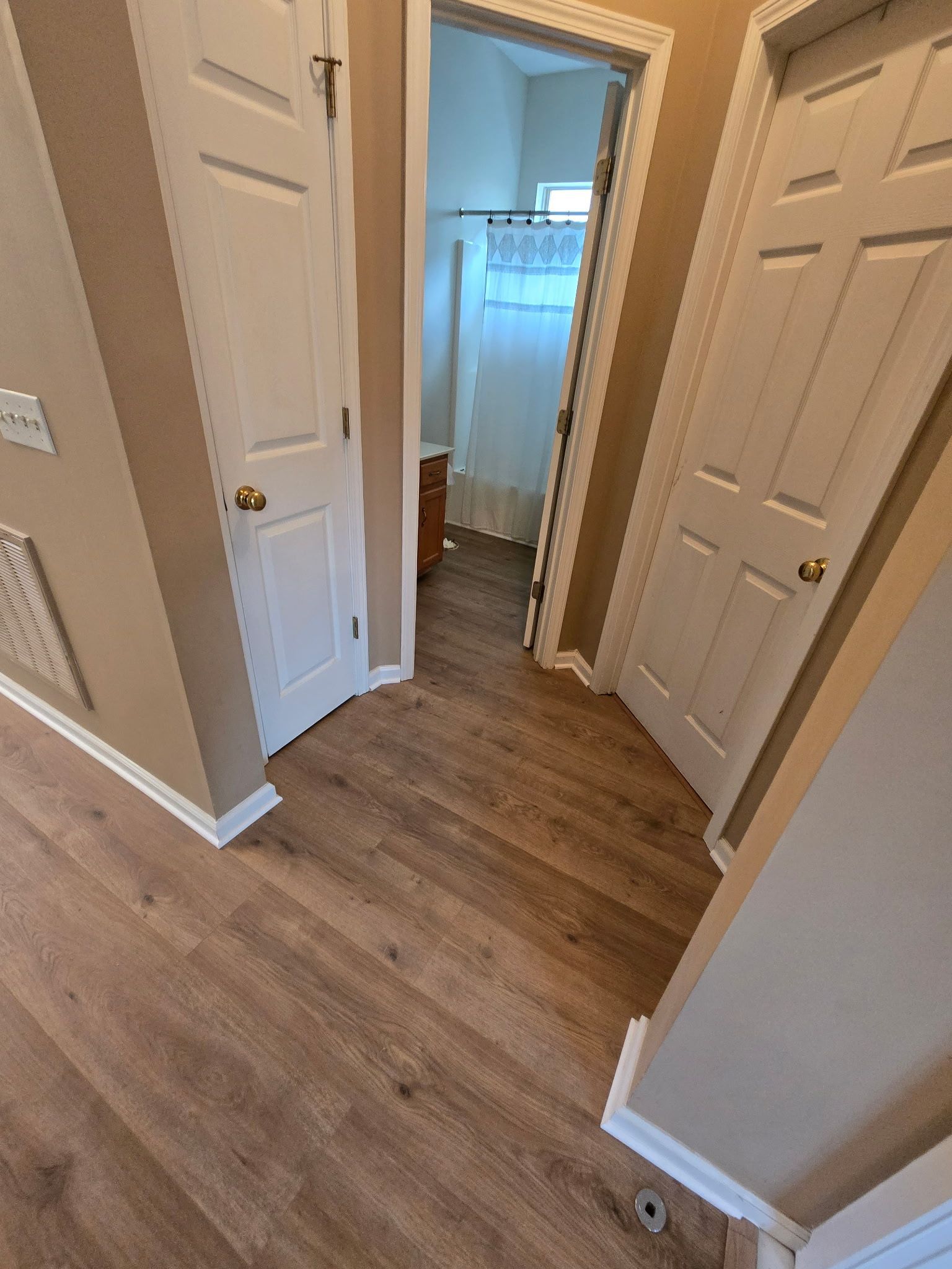 Hallway with wood-look flooring, two white doors, and bathroom entrance visible. Beige walls and white trim.