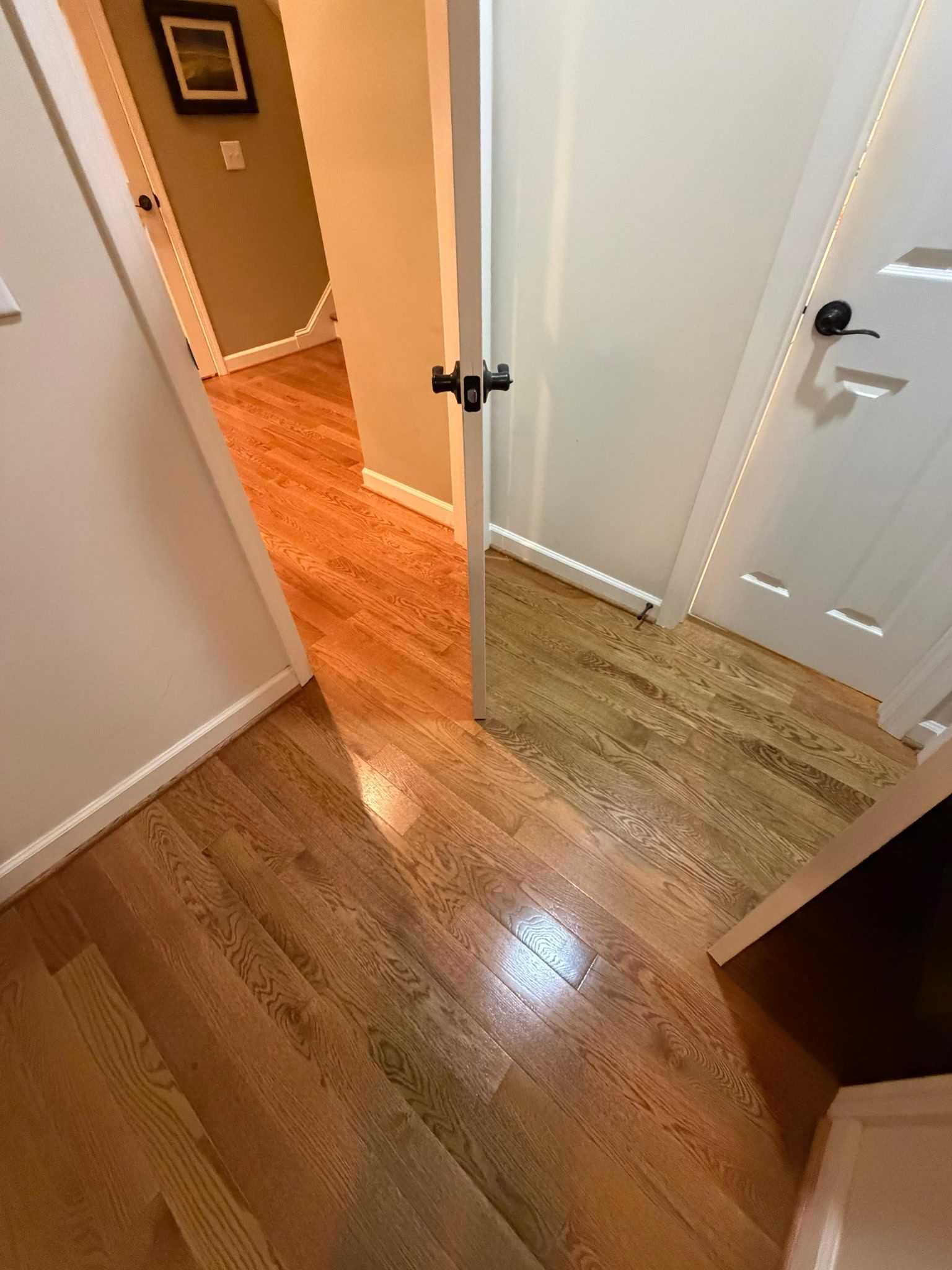 Hallway with hardwood floors, open white doors, and warm light spilling from the room on the left