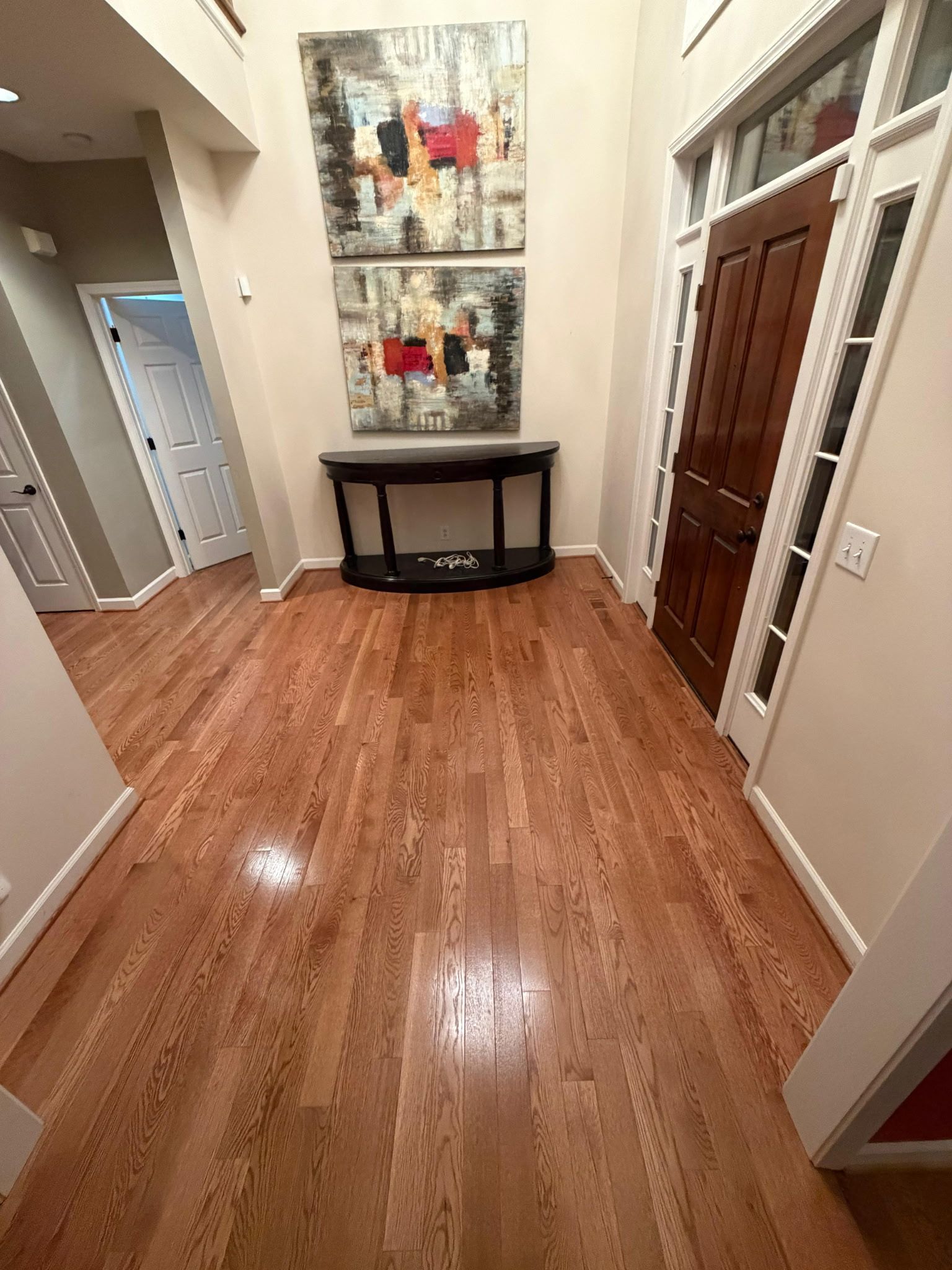Hallway with hardwood floors, wall art, and a black console table between white doorways.
