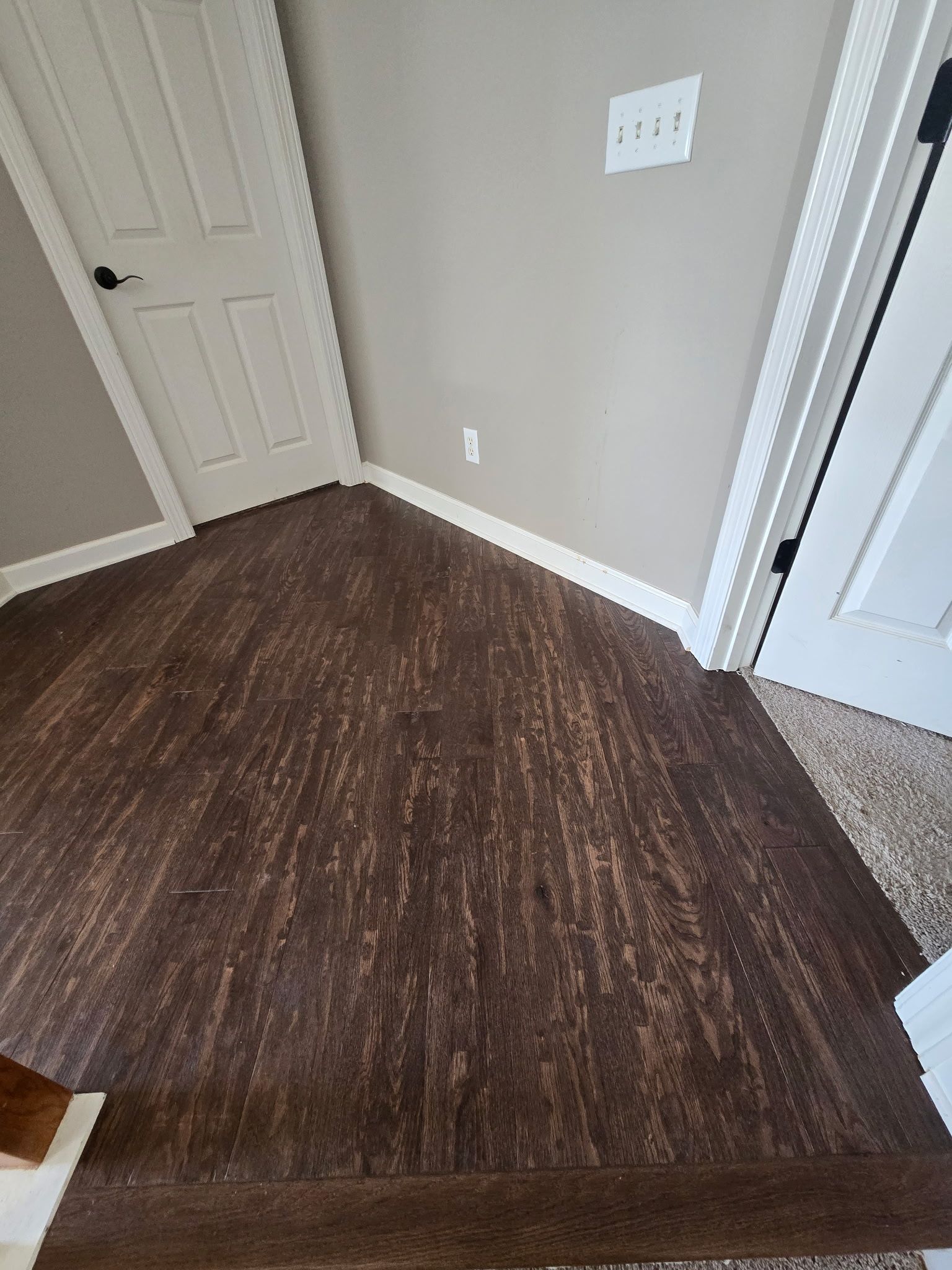 Small hallway with dark wood flooring, beige walls, and white doors.