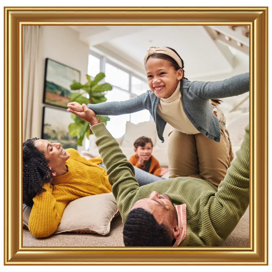 family on carpet with dog 