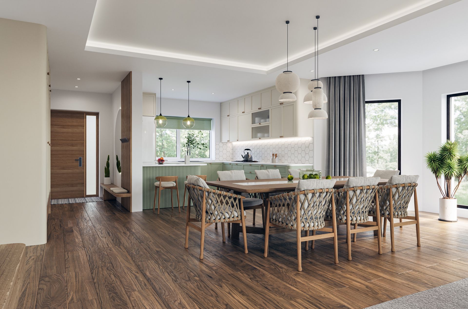 A dining room with a table and chairs and a kitchen in the background.