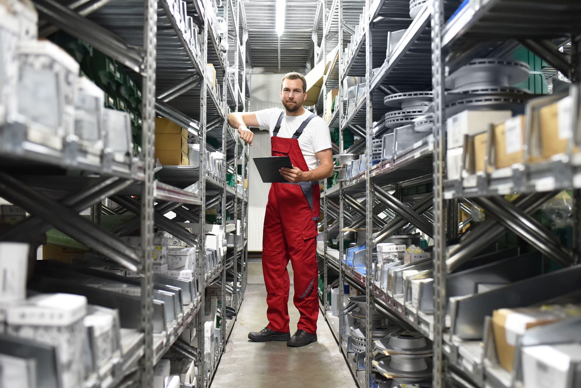 Worker in red overalls holds a clipboard while checking inventory among shelves of auto parts bins.