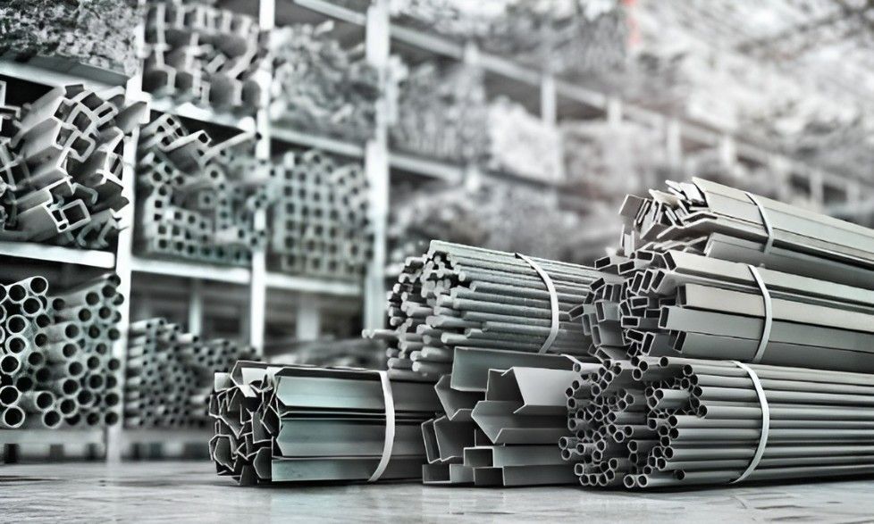 Metal Rods, Tubes, And Bars Bundled On A Warehouse Floor, Shelving Filled With Similar Stock In The Background— Top End Steel Supplies Darwin In Pinelands, NT